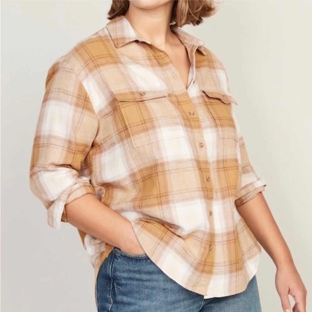 Long sleeve plaid flannel boyfriend tunic shirt for women